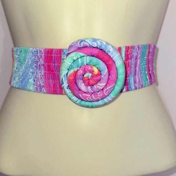 Vintage 80s/90s wide pastel striped cloth elastic belt/coiled circle buckle - Picture 1 of 6